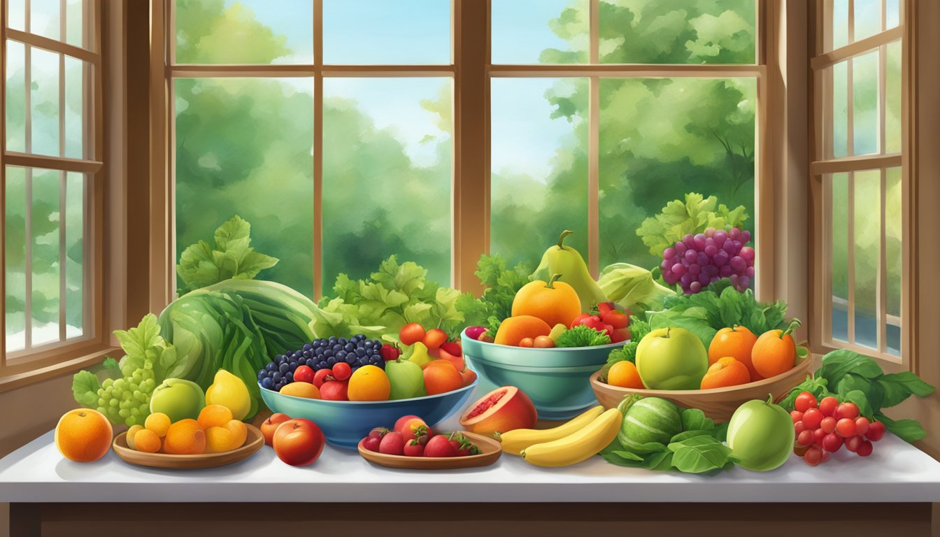 A table set with a variety of fresh, colorful fruits and vegetables, surrounded by vibrant greenery and natural light streaming in through a window