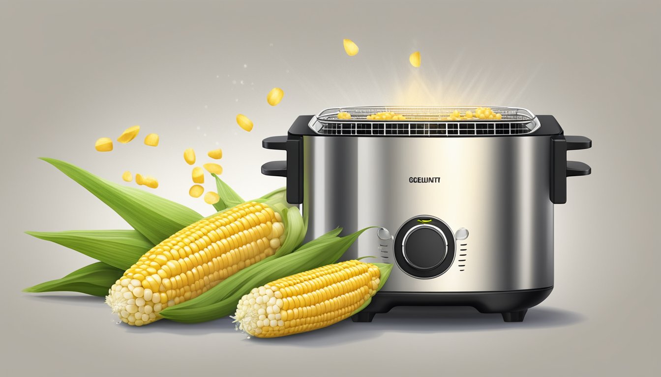 Fresh corn on the cob placed in an air fryer set at 400 degrees, surrounded by a light mist of steam, with the golden kernels glistening under the heat