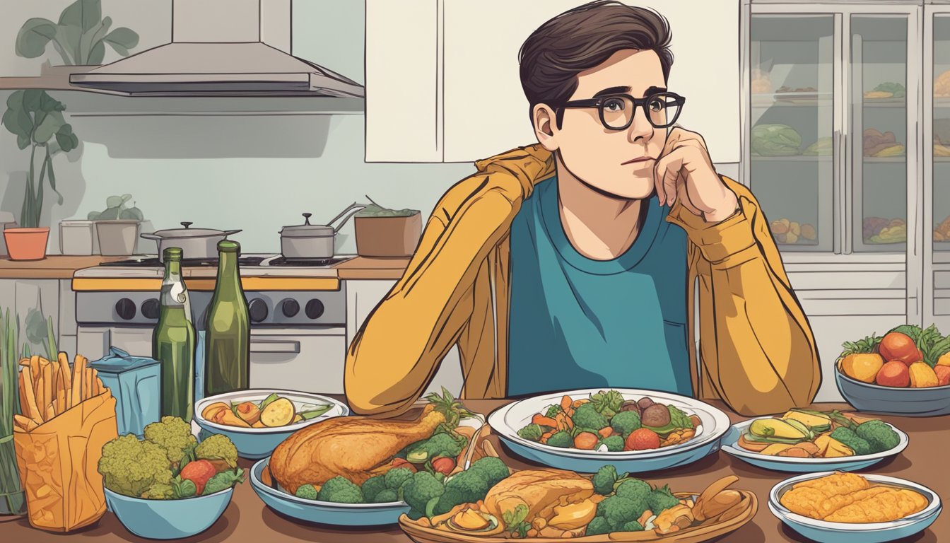 A person sitting at a table with a variety of food in front of them, looking conflicted and unsure as they contemplate their choices