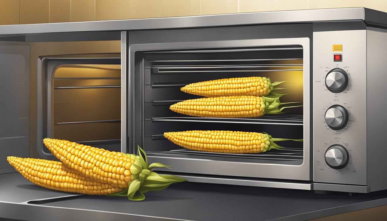 A golden ear of corn roasting in a 425-degree oven