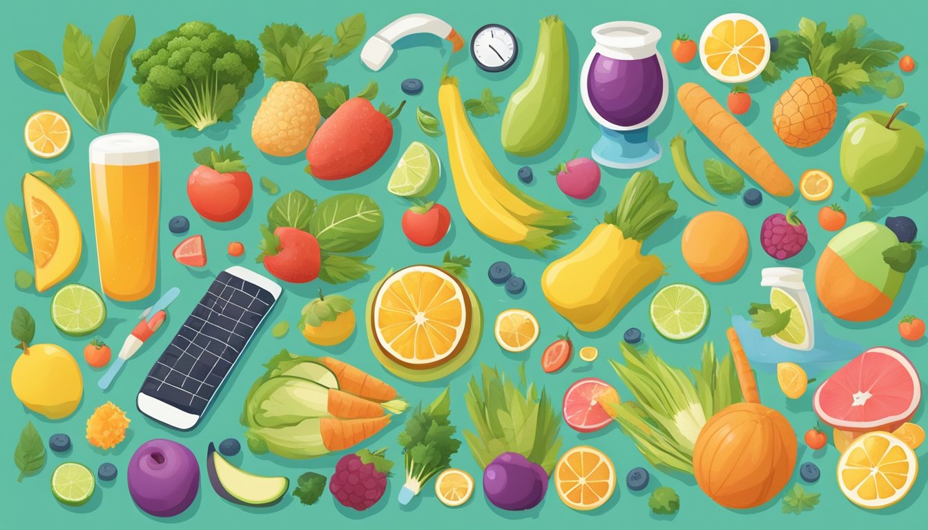 A colorful illustration of various healthy foods and exercise equipment, surrounded by positive symbols and uplifting imagery