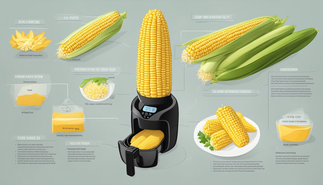 Fresh corn on the cob placed in an air fryer set to 400 degrees, surrounded by various nutritional information and health considerations