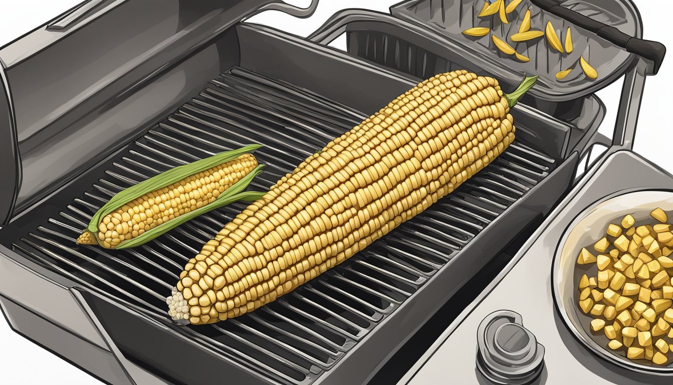 A corn on the cob is being grilled on a pellet grill set to 450 degrees, with safety precautions and maintenance tools nearby