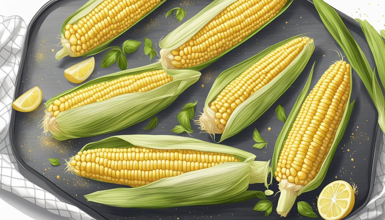 Fresh corn on the cob on a baking tray, brushed with butter and sprinkled with seasoning, ready to be placed in a preheated oven