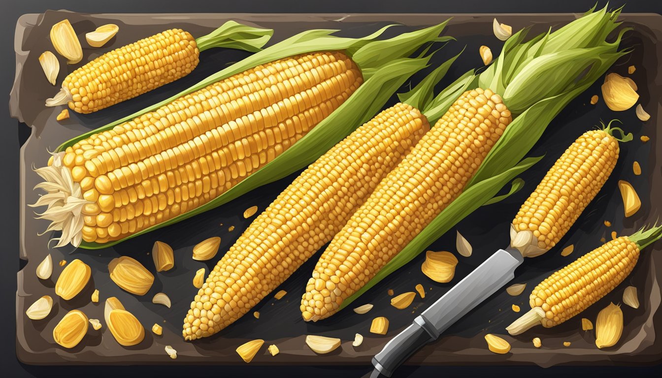 A golden ear of corn on the cob sits on a baking sheet, surrounded by remnants of husks and kernels. The oven temperature reads 425 degrees