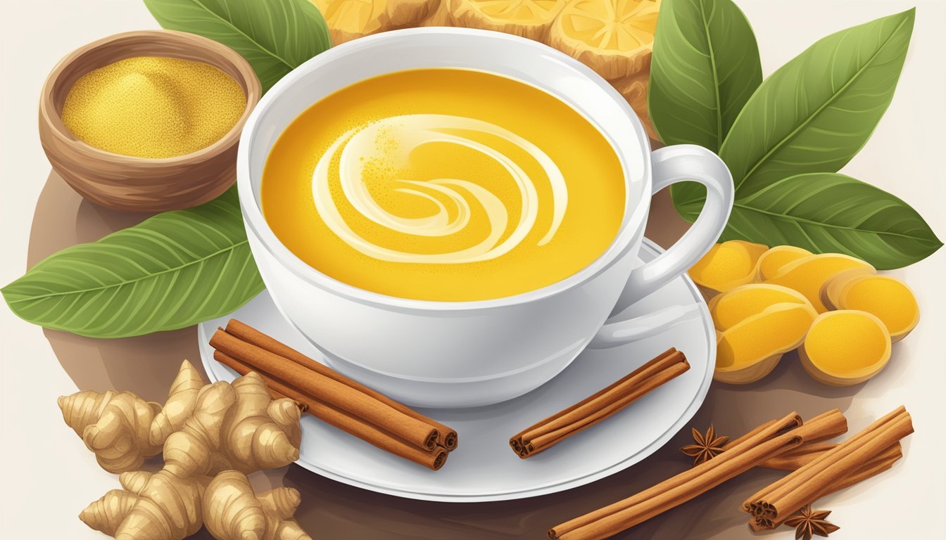 A warm cup of golden milk surrounded by fresh turmeric, ginger, and cinnamon