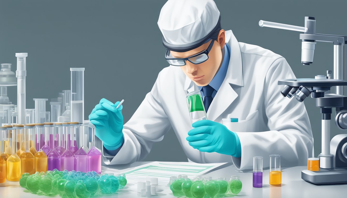 A scientist in a lab coat examines vials of carrageenan and other emulsifiers under a microscope, surrounded by safety equipment and regulatory documents