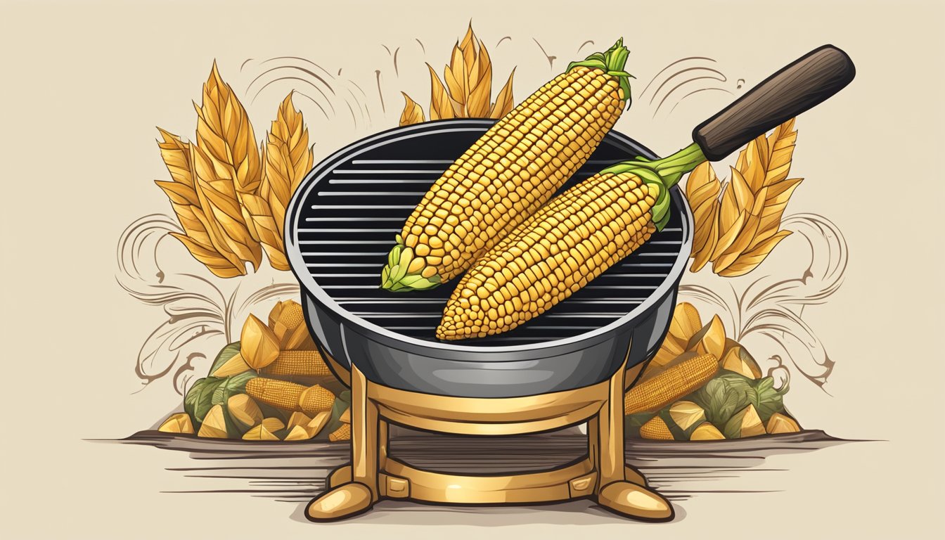 A golden ear of corn on the cob grilling on a z-shaped grill, surrounded by symbols of historical and cultural significance