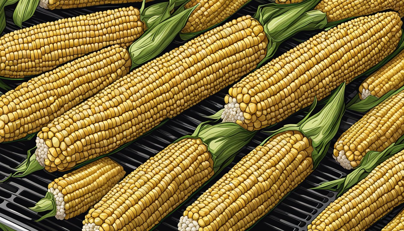 Fresh ears of corn arranged on a grill, with the grill marks visible on the kernels. The corn is positioned in a way that highlights its natural beauty and appeal for grilling