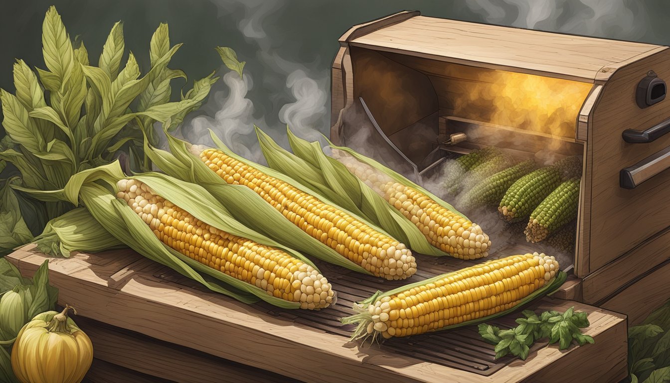 Corn on the cob smoking in a Yoder smoker, surrounded by flavor enhancements like herbs and spices