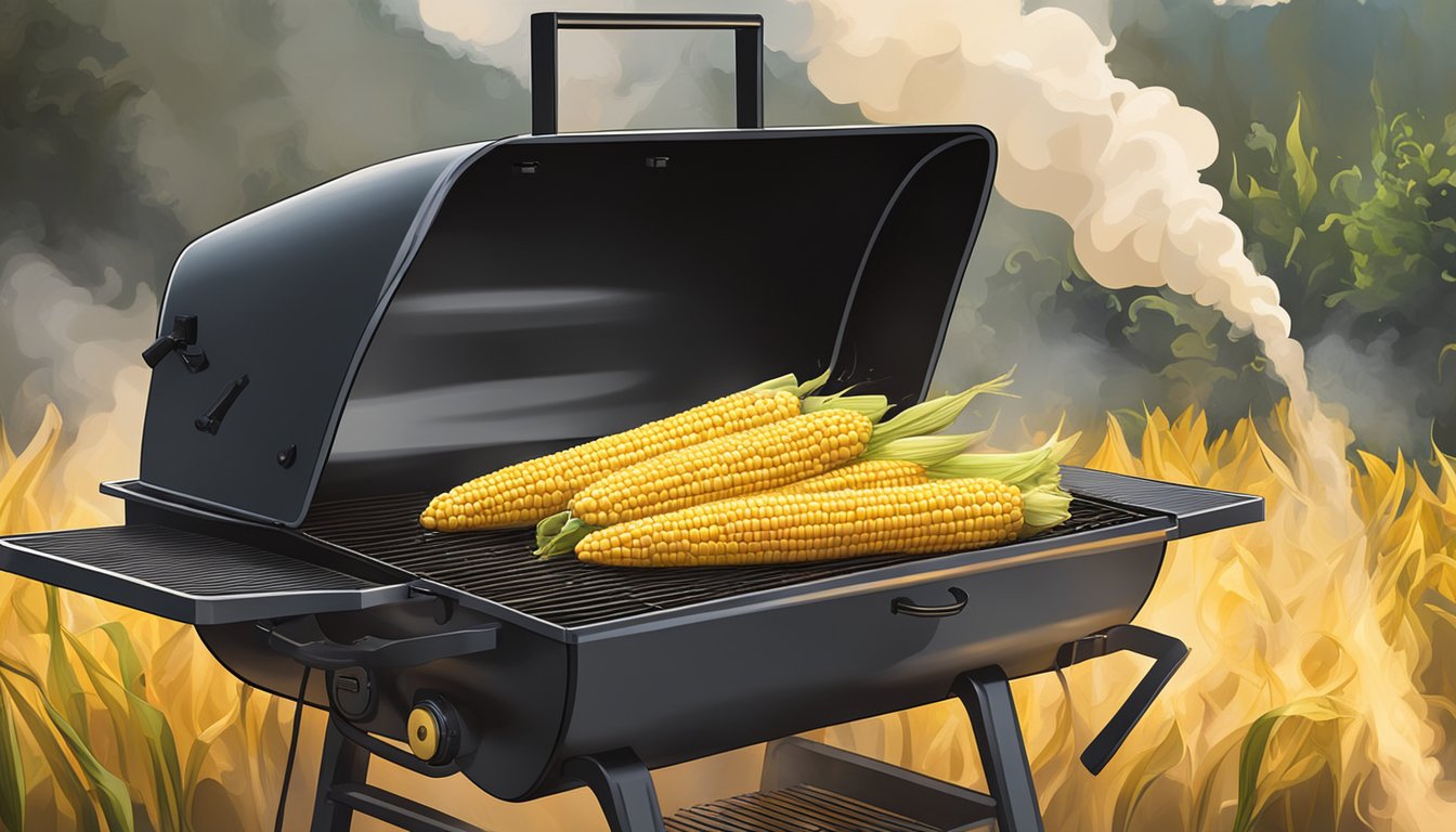 Fresh corn on the cob grilling on a Yoder smoker, surrounded by billowing smoke and a warm, inviting glow