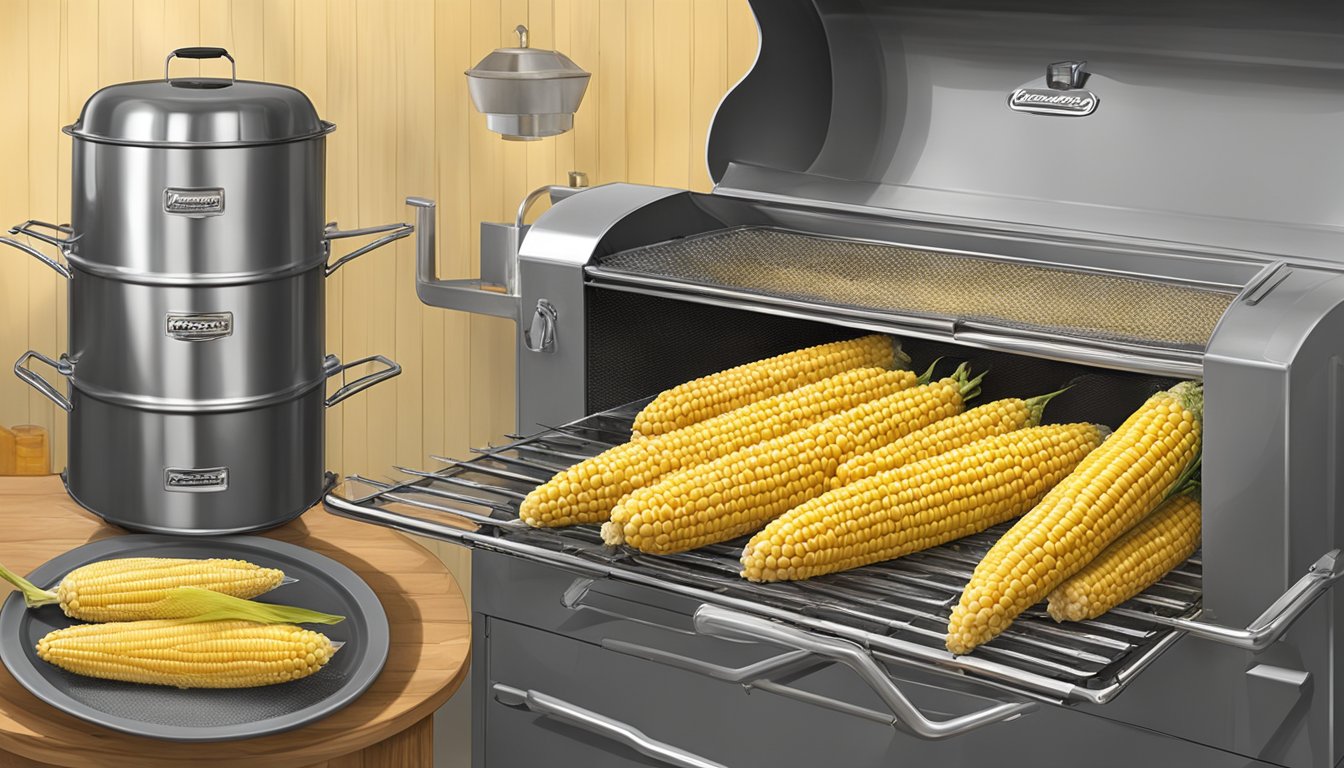 Fresh corn on the cob being shucked and brushed with oil, then placed on the racks of a Masterbuilt 560 smoker