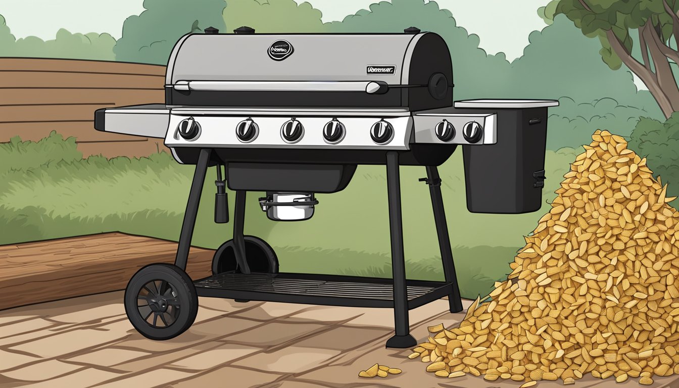 A pile of wood chips sits next to a Masterbuilt 560 grill, with fresh corn on the cob ready to be smoked for added flavor