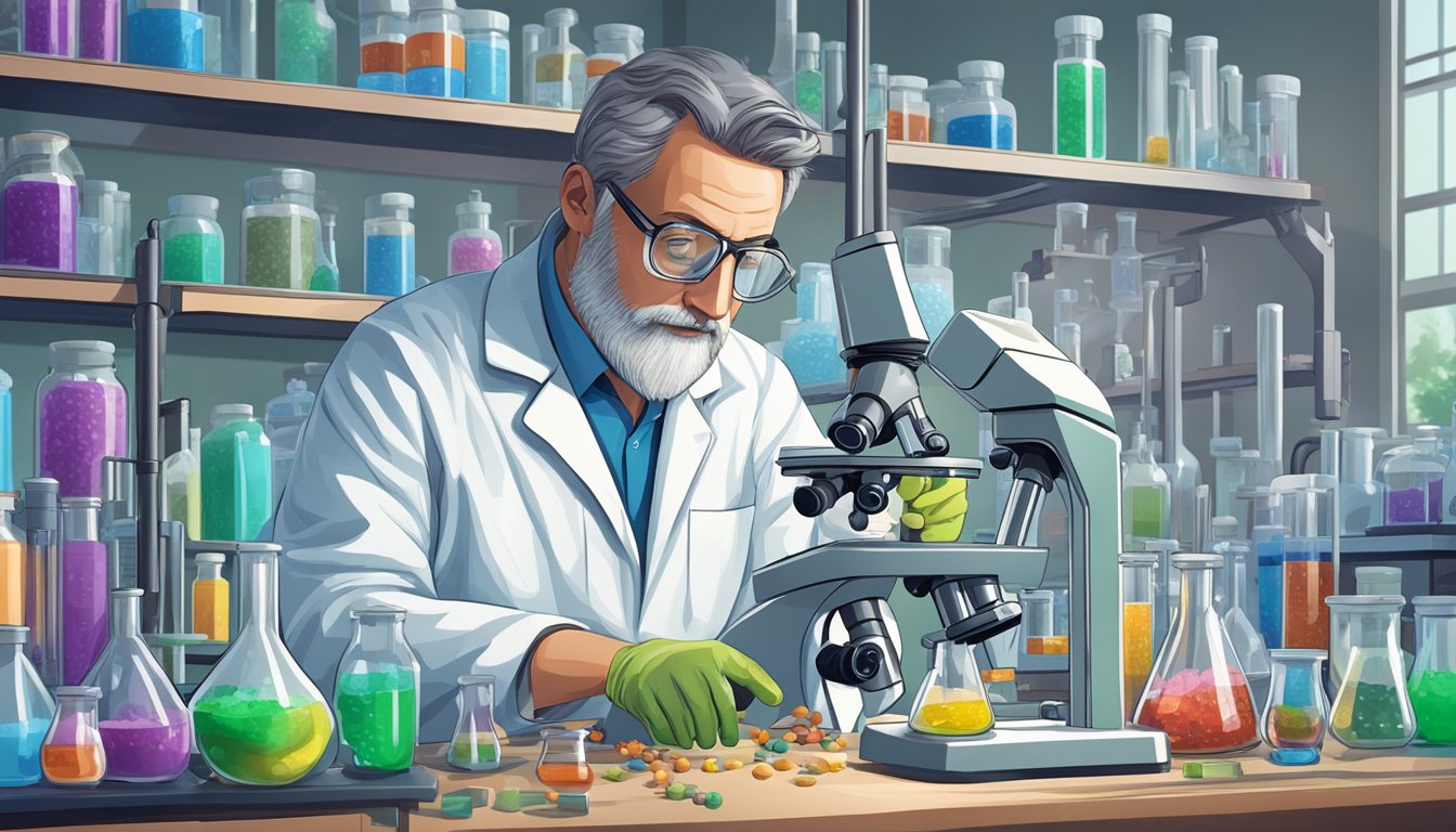 A scientist in a lab coat examines vials of msg and flavor enhancers under a microscope, surrounded by safety assessment equipment