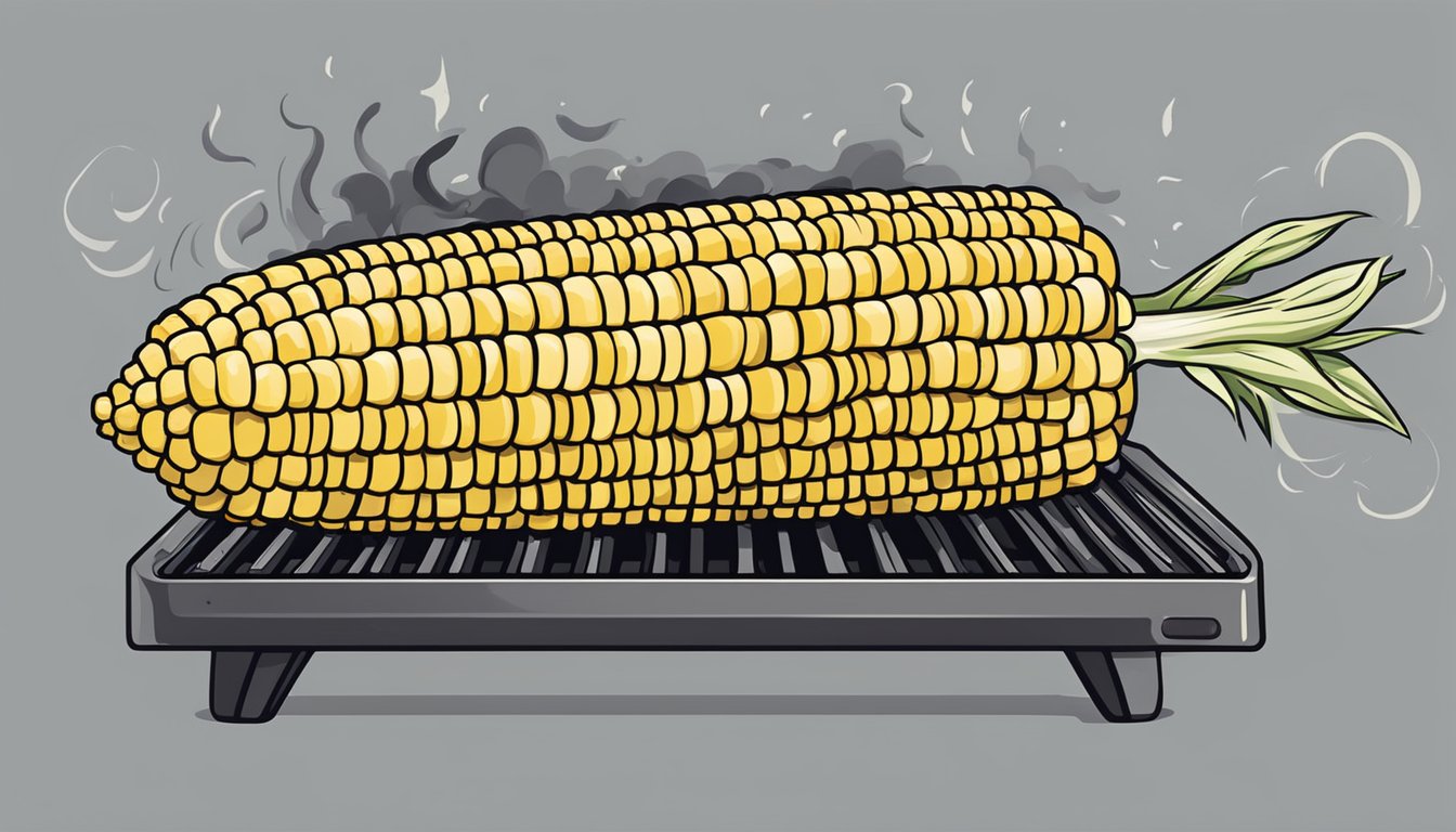 Corn on the cob grilling on a z-shaped grill, with smoke rising and grill marks visible on the kernels