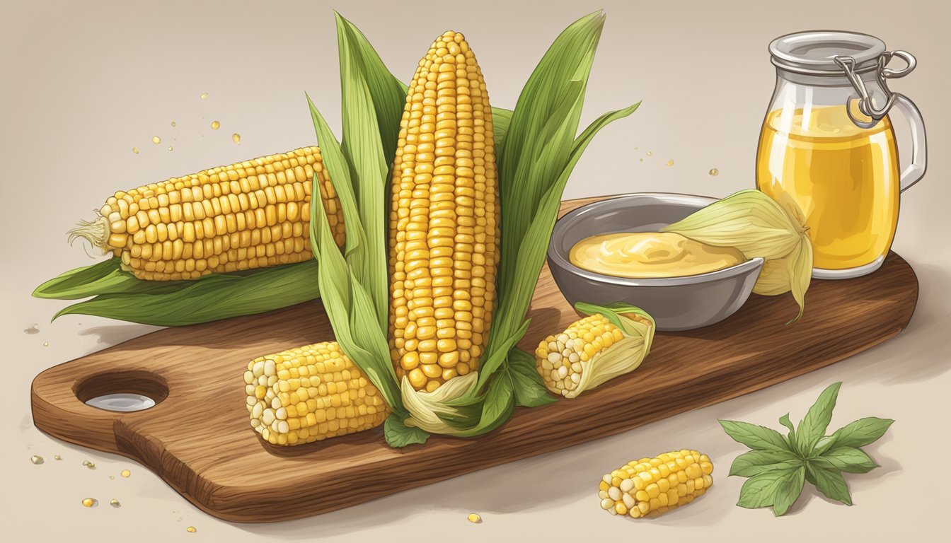 Freshly grilled corn on the cob with melted butter and sprinkled with a blend of herbs and spices, sitting on a wooden platter next to a stack of flavor enhancement options