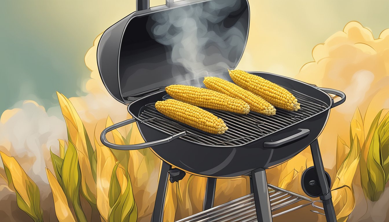 Corn on the cob grilling on a Yoder smoker, emitting a smoky aroma