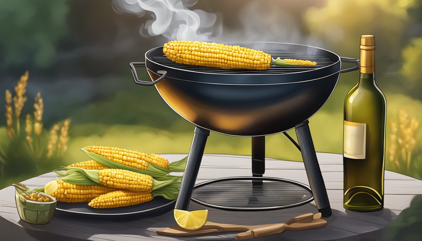 A grill with smoke rising, a golden corn on the cob cooking over the charcoal, and a glass of wine on the side