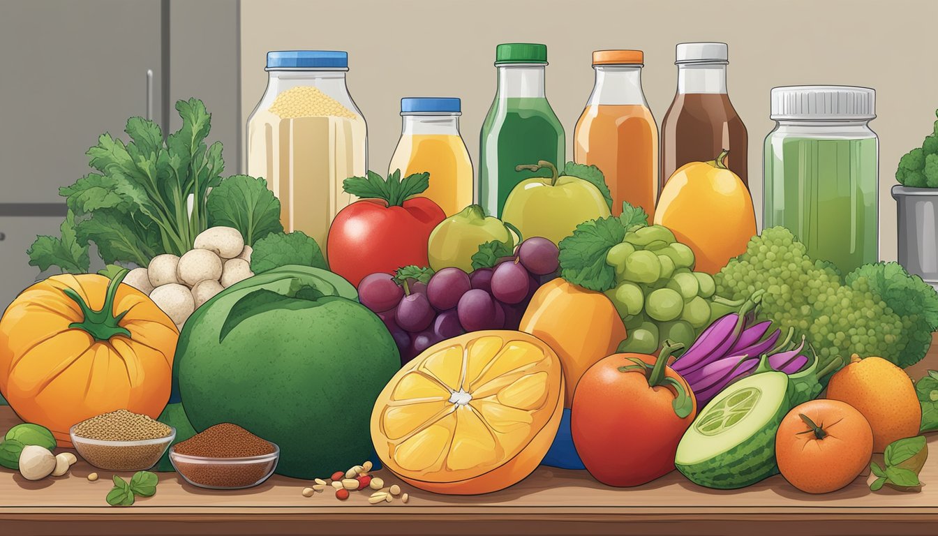 A colorful array of fresh fruits, vegetables, grains, and spices arranged on a kitchen counter. A bottle of MSG and other flavor enhancers sits off to the side