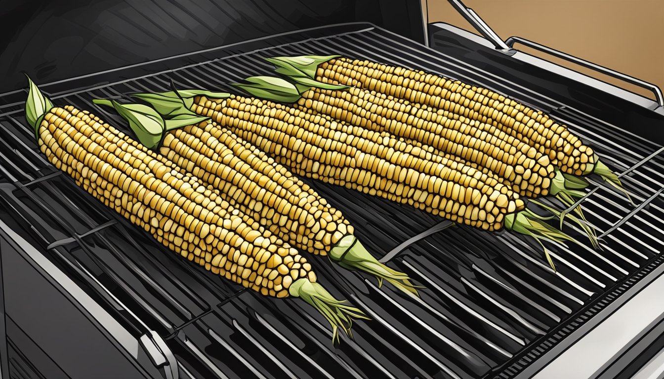 Fresh corn on the cob arranged on a grill rack inside a Masterbuilt 560 smoker, surrounded by hickory wood chips and emitting a smoky aroma