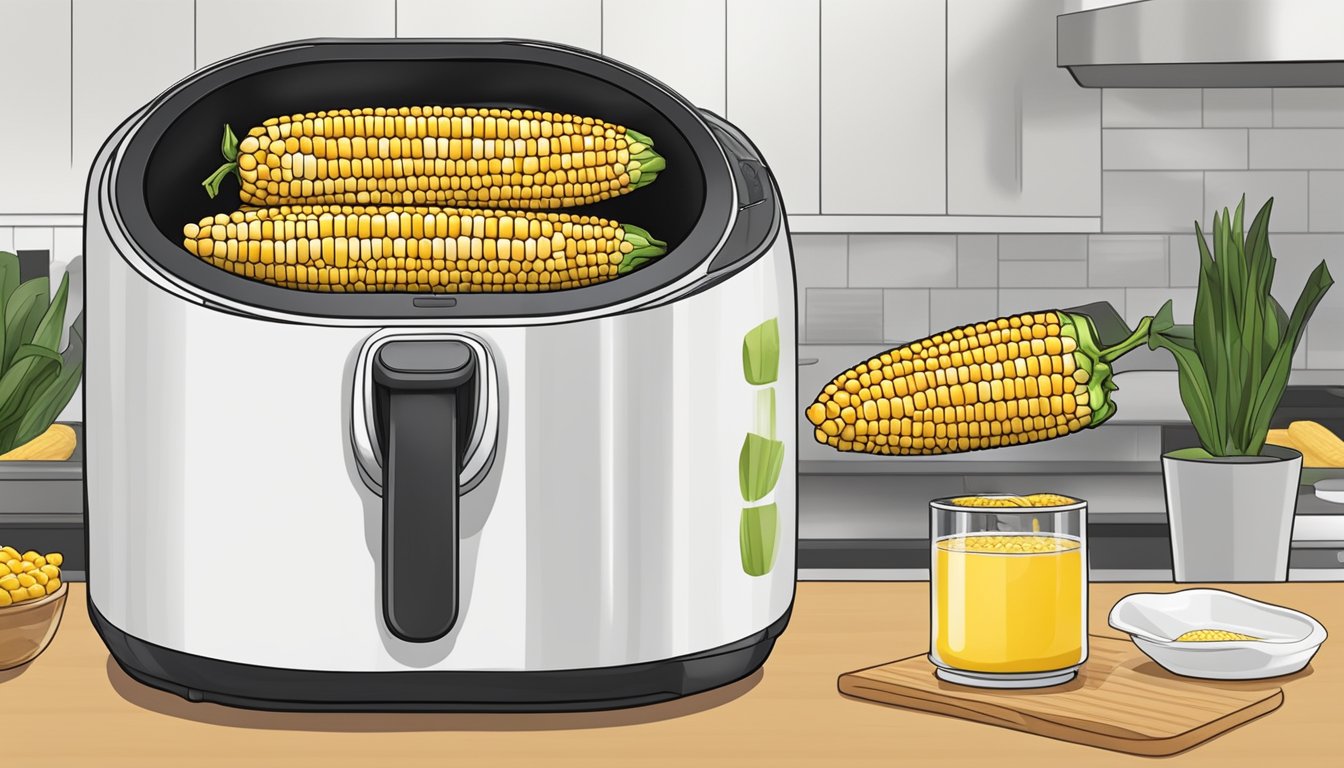 Fresh corn on the cob being placed into an air fryer, with the machine set to the optimal temperature for perfectly cooked corn