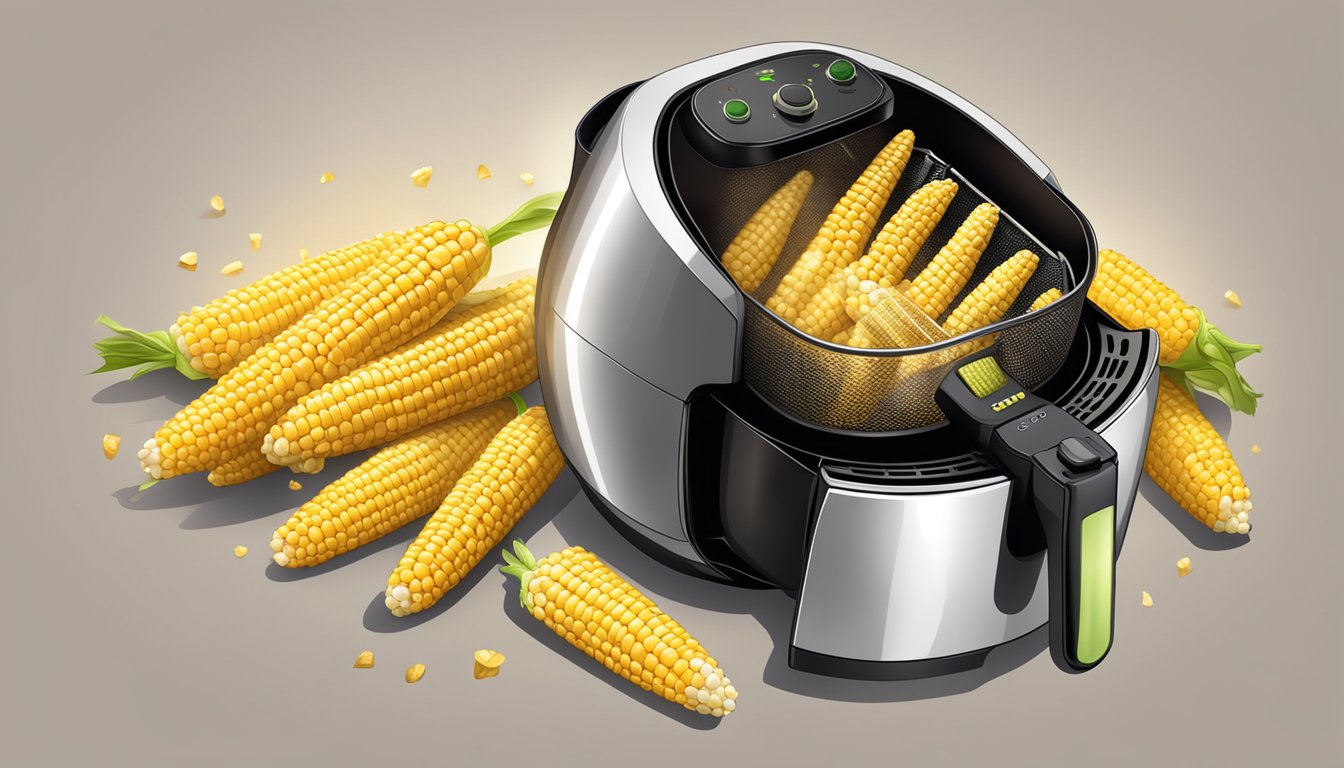 An air fryer cooks fresh corn on the cob, golden and crispy, with a slight charred texture, emitting a savory aroma