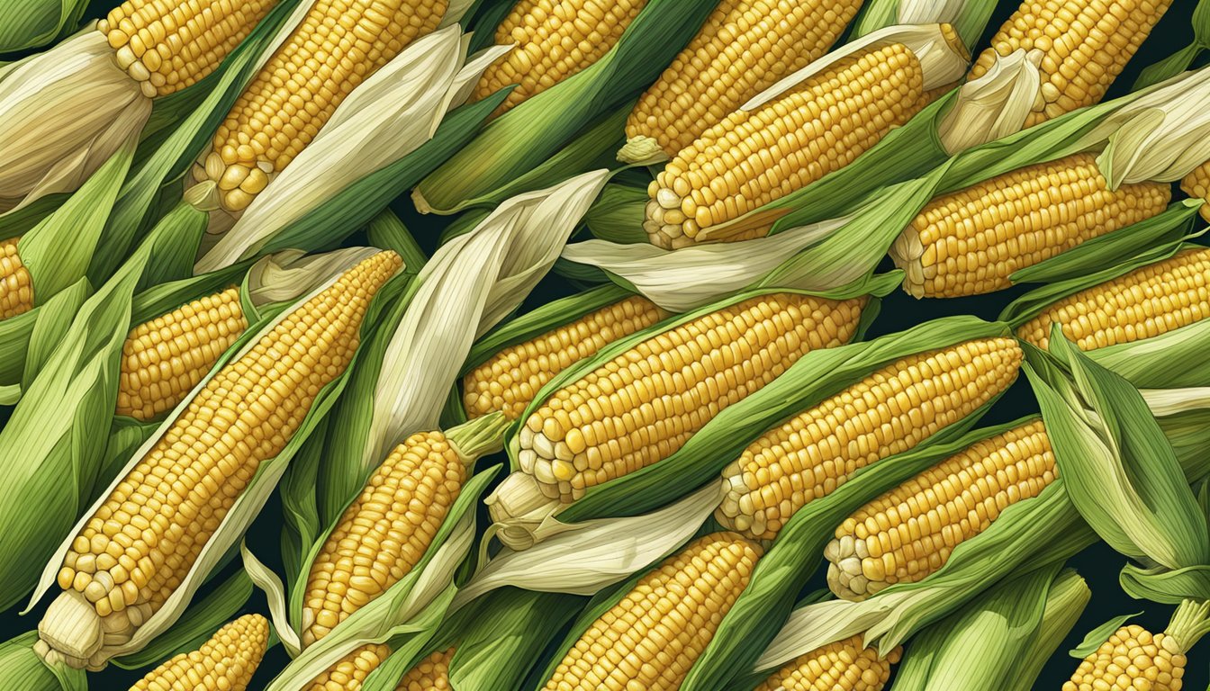 Fresh corn on the cob being selected from a pile, with husks partially peeled back, ready for air frying