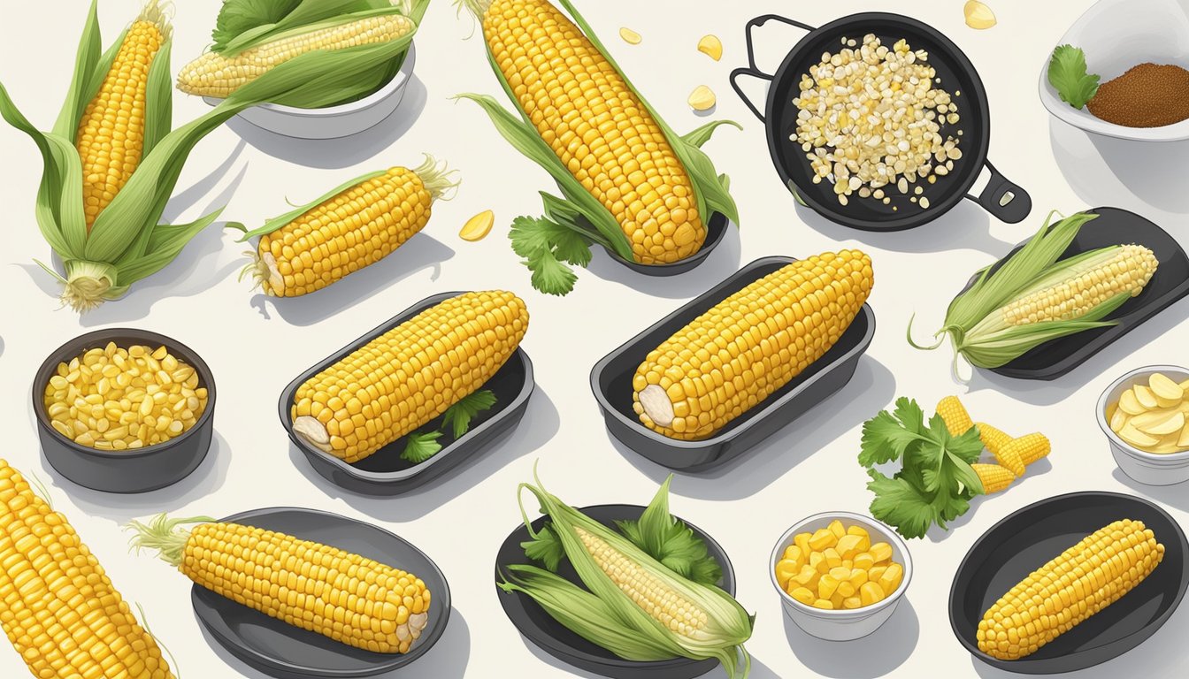 Freshly cooked corn on the cob surrounded by an array of flavor variations and toppings, ready to be air fried