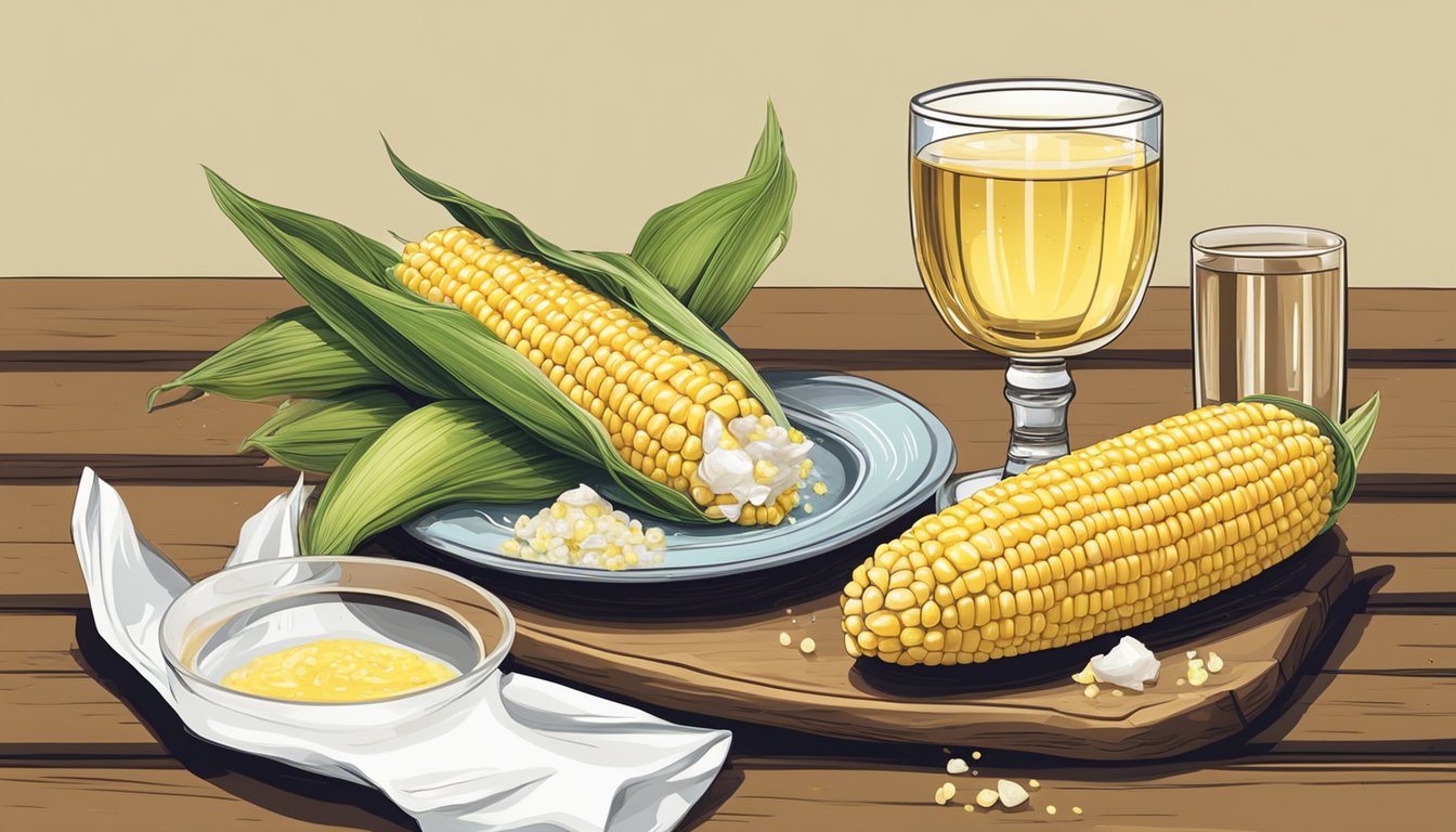 Freshly cooked corn on the cob on a rustic wooden table with a dollop of butter and a sprinkle of salt, alongside a glass of chilled white wine