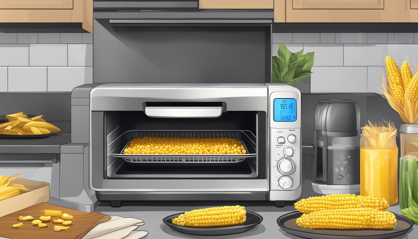 An air fryer with cooked corn on the cob inside, surrounded by various storage containers and a microwave for reheating