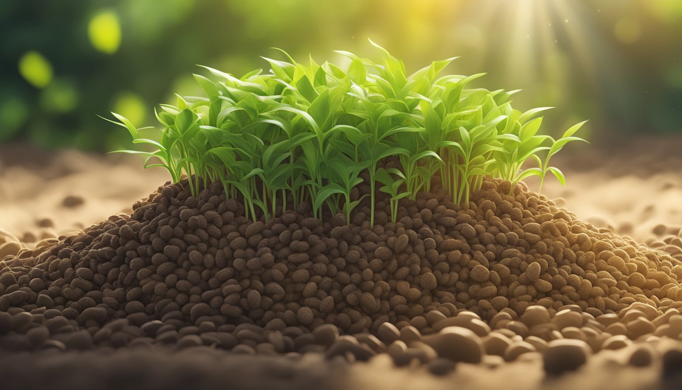 Sprouted grains bursting from the soil, surrounded by vibrant green leaves and basking in the warm sunlight