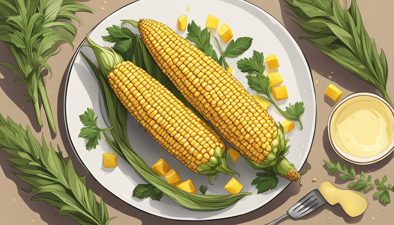 A golden ear of corn sits on a plate beside an air fryer, surrounded by a sprig of fresh herbs and a small dish of melted butter