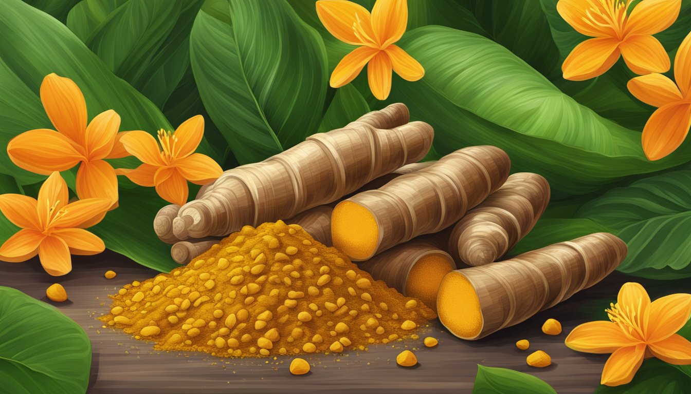 A vibrant pile of turmeric roots and curcumin powder, surrounded by lush green leaves and blooming flowers, evoking the natural health benefits of the ingredients