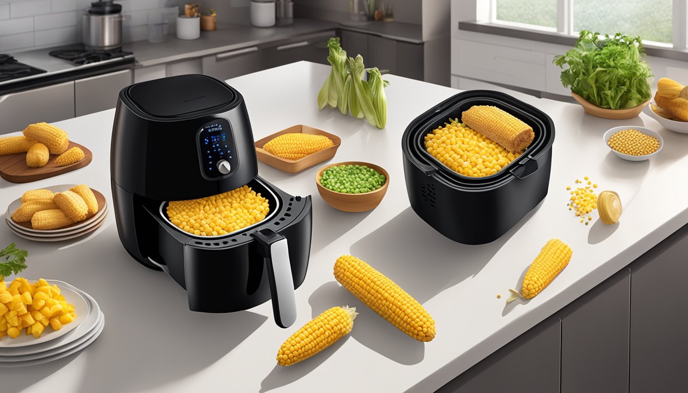 An air fryer sits on a kitchen counter, with a tray of corn on the cob inside. The air fryer is set to reheat, and the corn is starting to sizzle