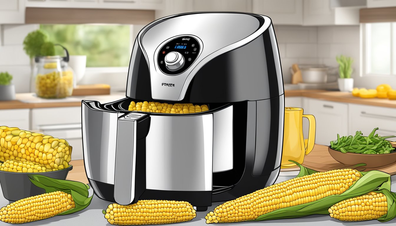 Fresh corn on the cob placed inside an air fryer basket, with the air fryer model recommended for cooking