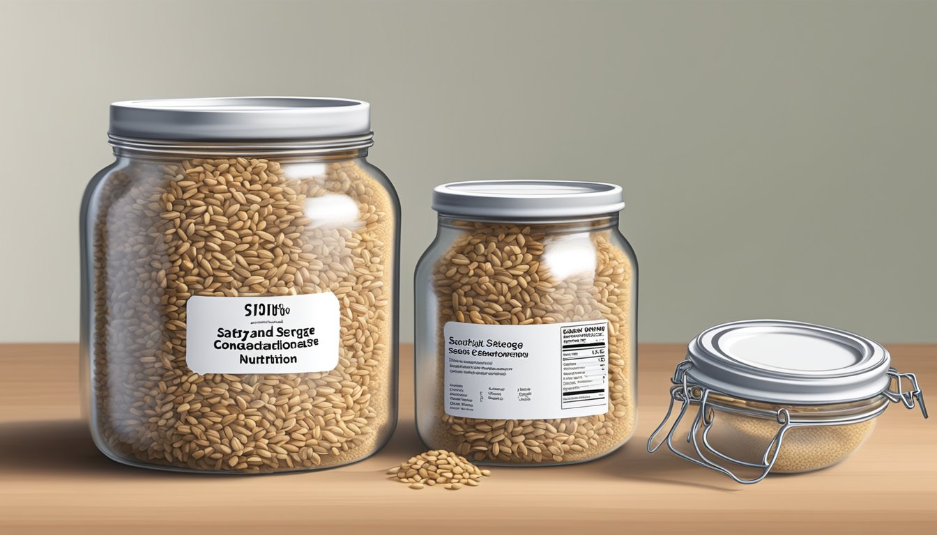 A glass jar filled with sprouted grains, labeled "safety and storage considerations" with a nutrition label