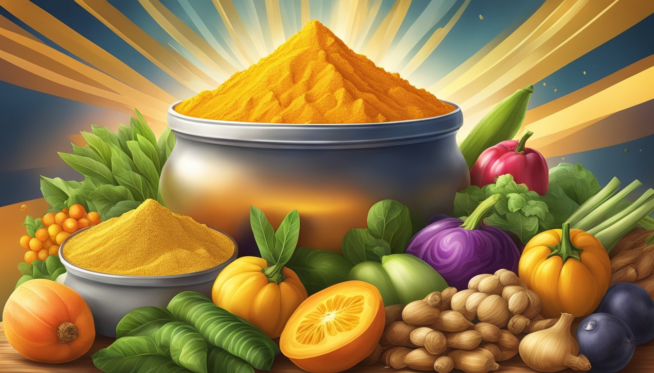 A vibrant pile of turmeric roots and powder surrounded by colorful fruits, vegetables, and whole grains, with a glowing halo of energy and vitality emanating from the turmeric