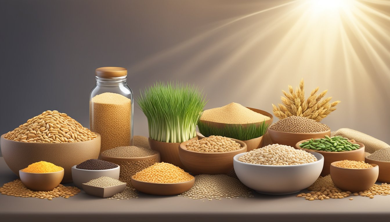 A variety of sprouted grains surrounded by other similar foods, with a spotlight shining on the sprouted grains to emphasize their nutritional value