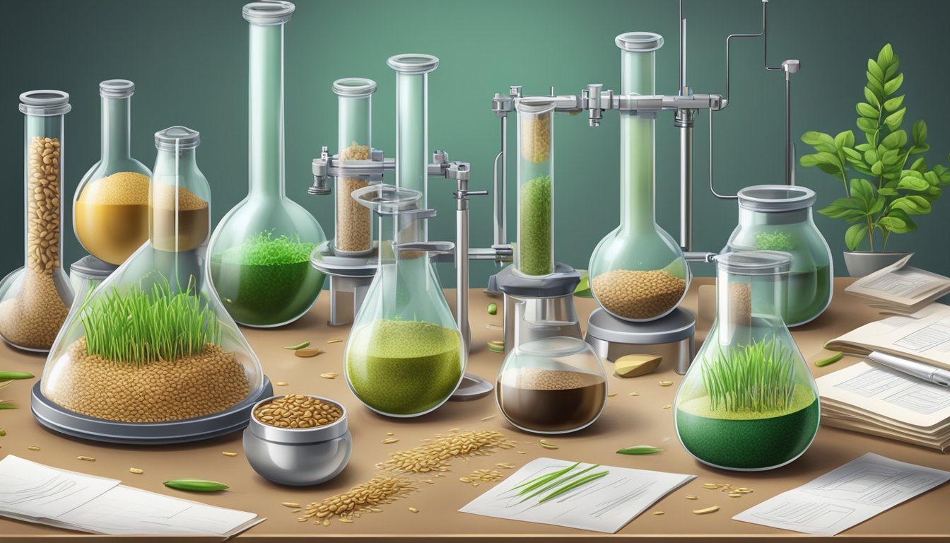 A laboratory table with various sprouted grains in petri dishes, surrounded by scientific equipment and research papers