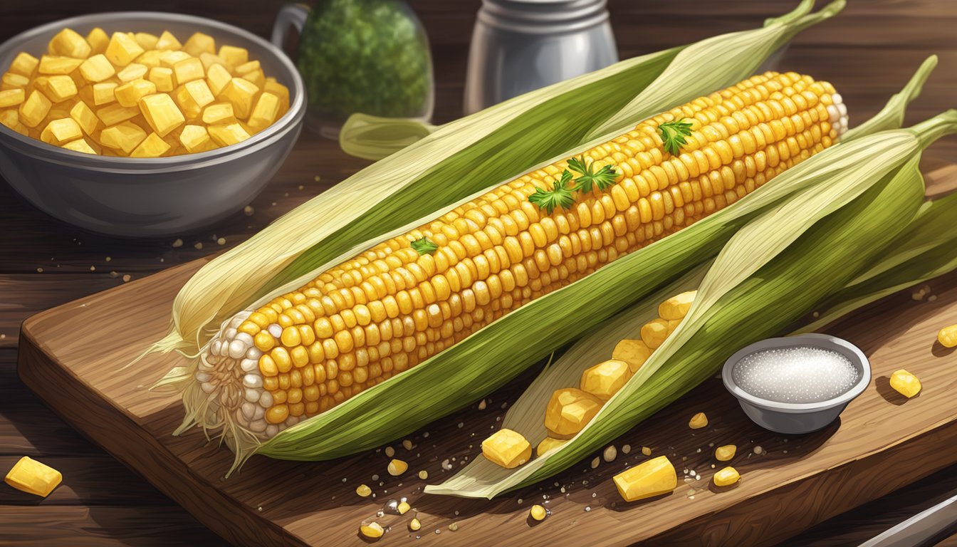 Freshly air-fried corn on the cob on a rustic wooden serving platter, garnished with a sprinkle of salt and a drizzle of melted butter