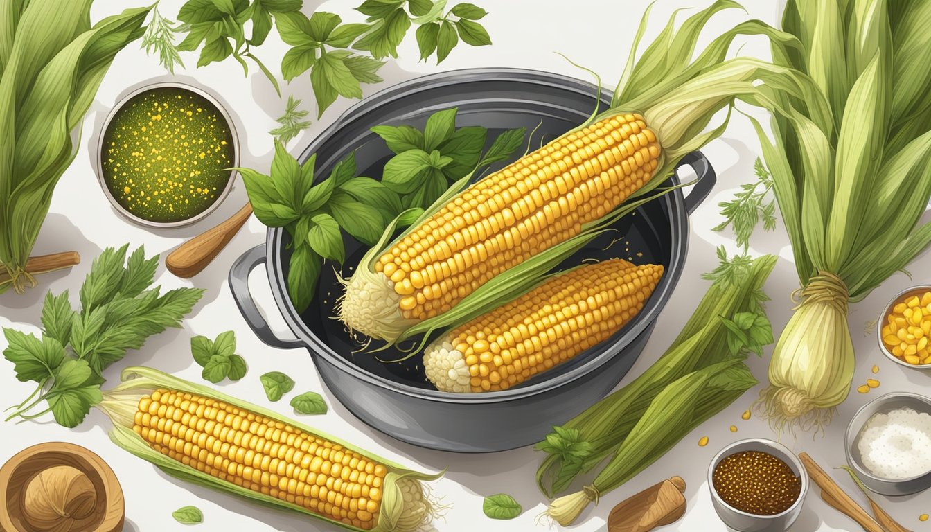 Corn cobs simmer in a pot of bubbling water, surrounded by various herbs, spices, and flavorings, creating a rich and aromatic atmosphere