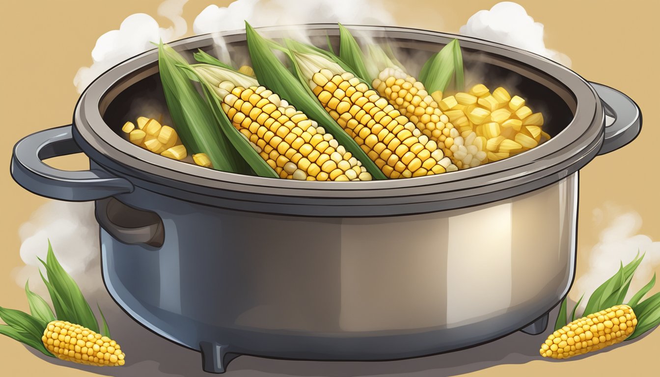 A steaming pot with three whole corn cobs inside