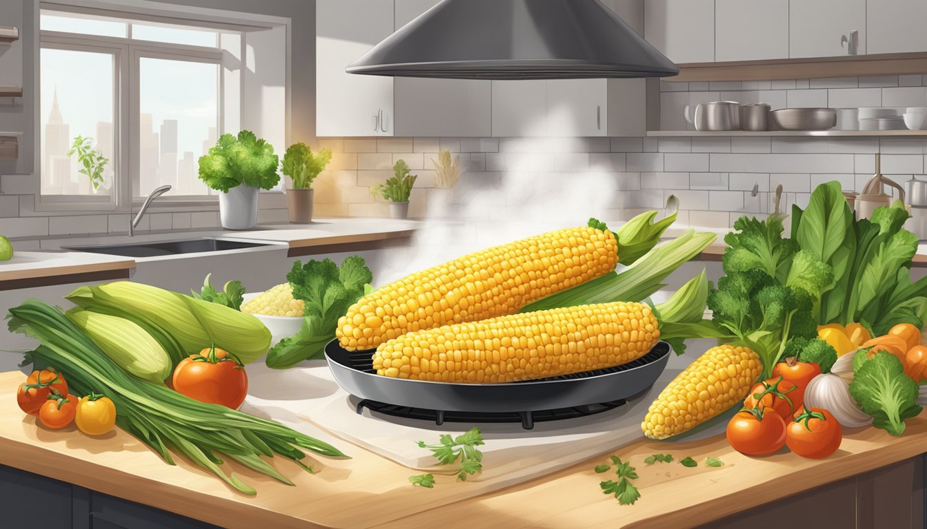 A golden ear of corn on the cob is being air fried in a modern kitchen, surrounded by various fresh vegetables and herbs