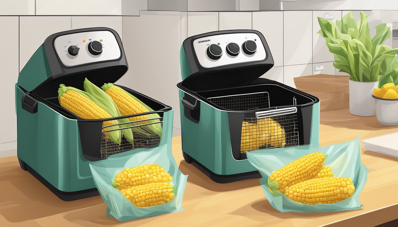 Fresh corn on the cob being air fried in a kitchen. Airtight containers and reusable bags used for storing and organizing groceries