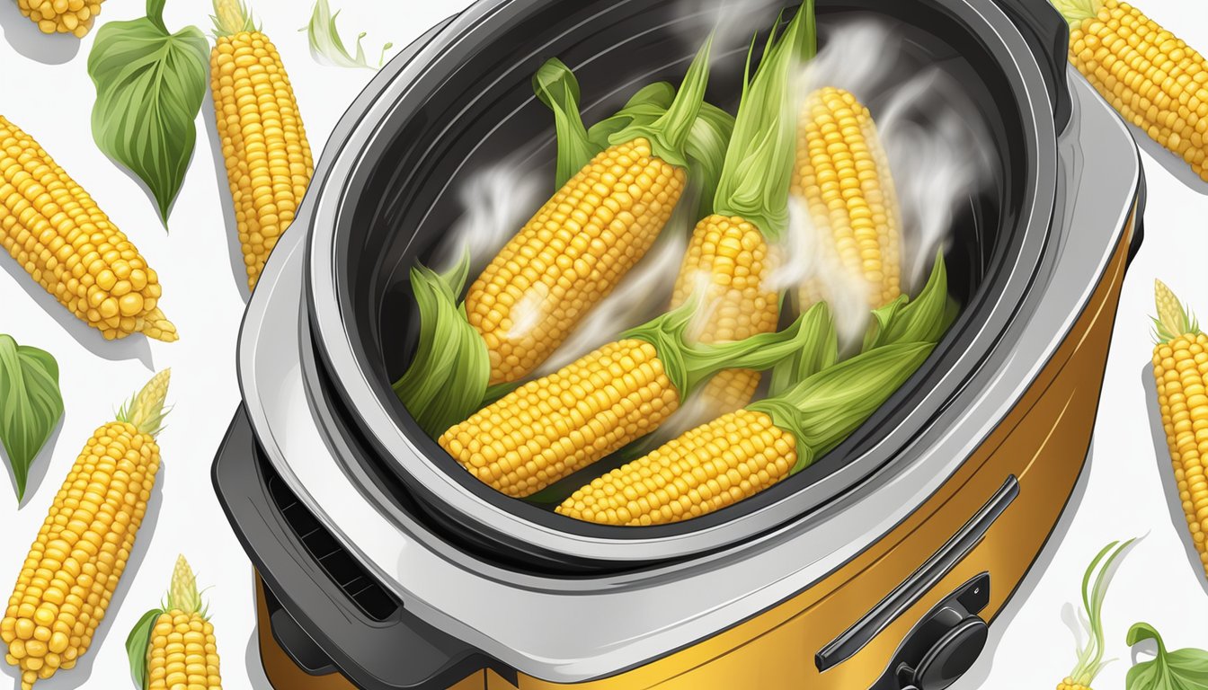 Corn on the cob cooking in a slow cooker with steam rising