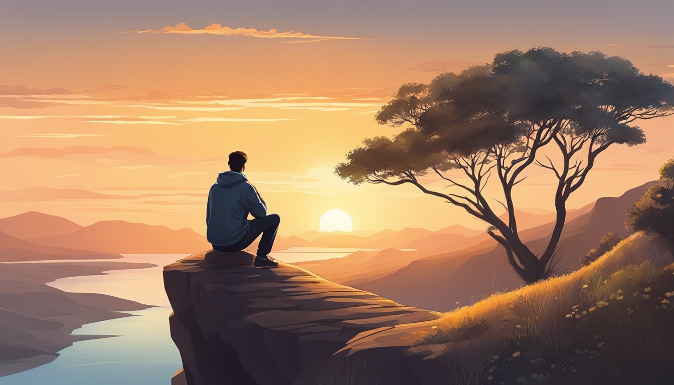 A solitary figure sits on a cliff overlooking a vast, serene landscape, deep in thought and contemplation. The sun sets in the distance, casting a warm glow over the scene