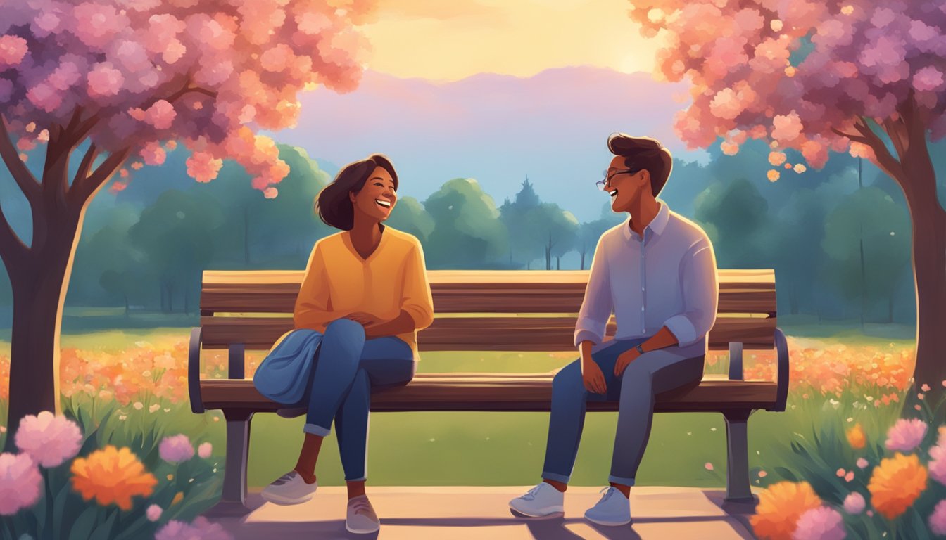 A couple sitting on a park bench, laughing and talking, surrounded by blooming flowers and a serene sunset