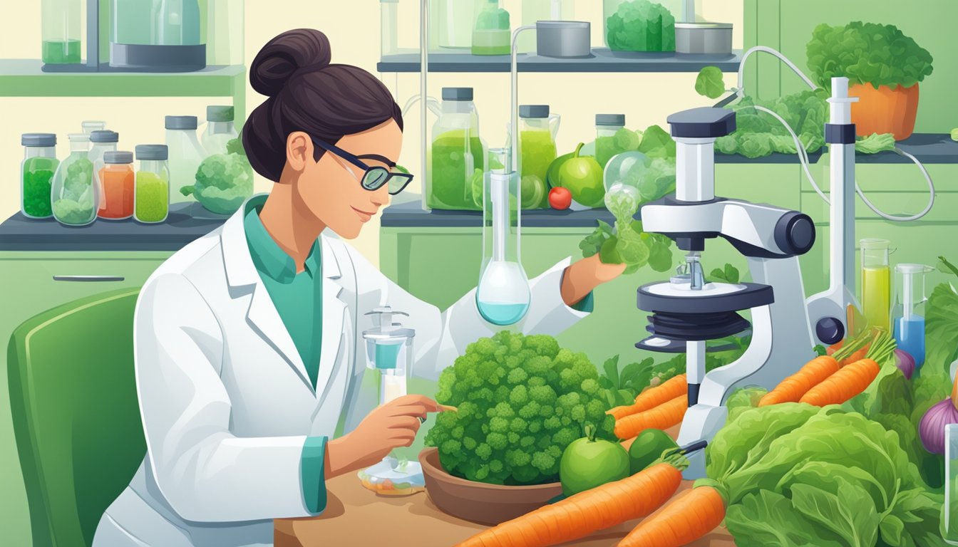 A scientist testing nitrates in vegetables, surrounded by lab equipment and green produce