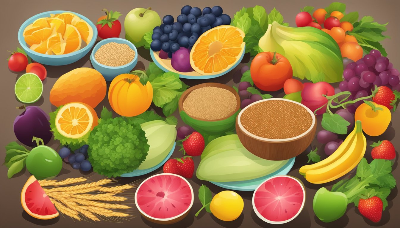 A colorful plate of fruits, vegetables, and whole grains surrounded by vibrant, healthy foods