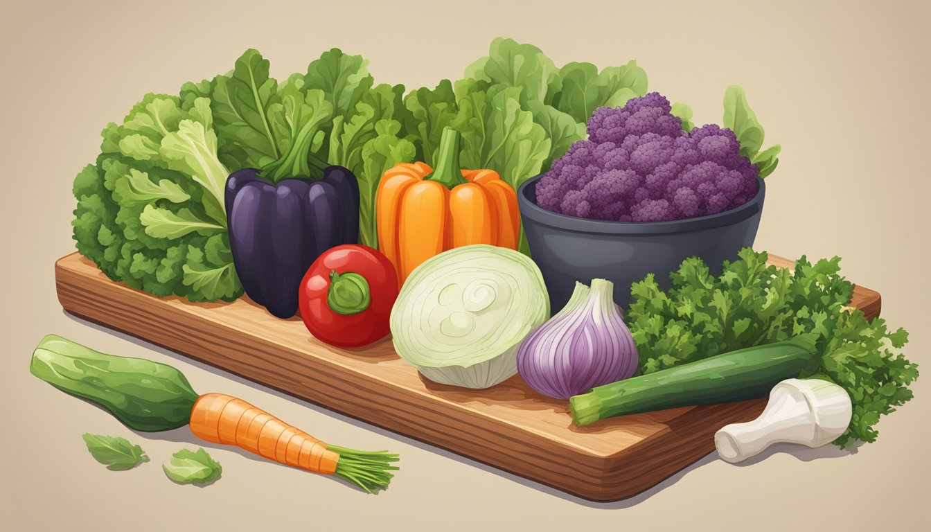 A variety of fresh vegetables arranged on a wooden cutting board, with a measuring cup filled with nitrate-rich leafy greens